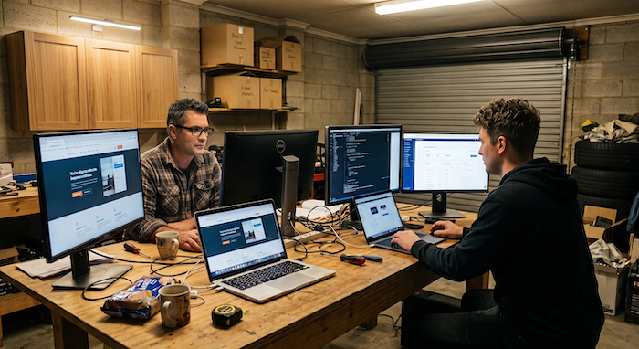 Baz and his son working together in their studio