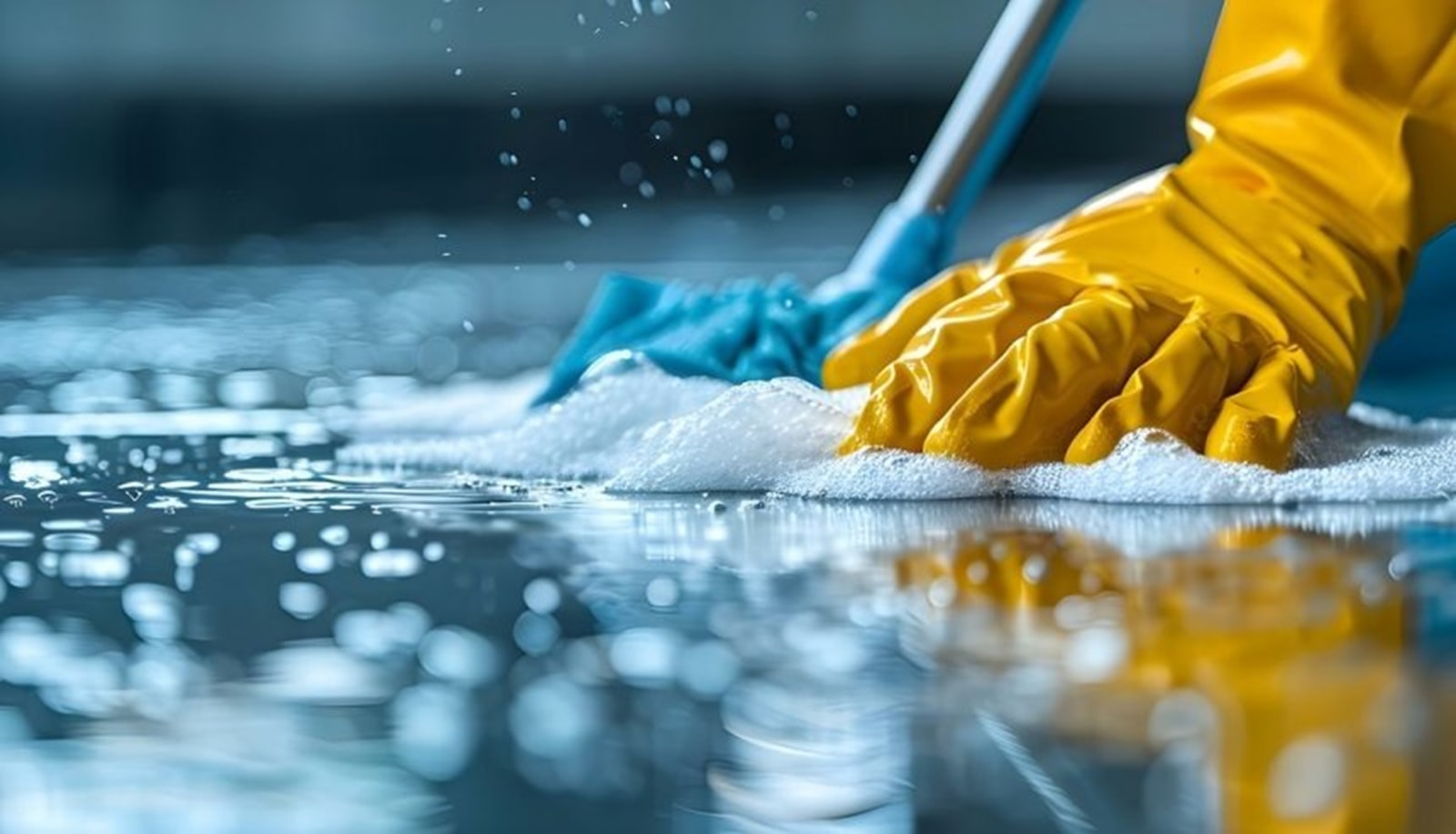 Cleaner in gloves cleaning a floor